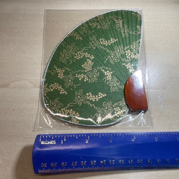 Mini Japanese Mikis Paper Chidori Uchiwa Fan Green Gold Wood Handle Kyosen Washi - Picture 3 of 8